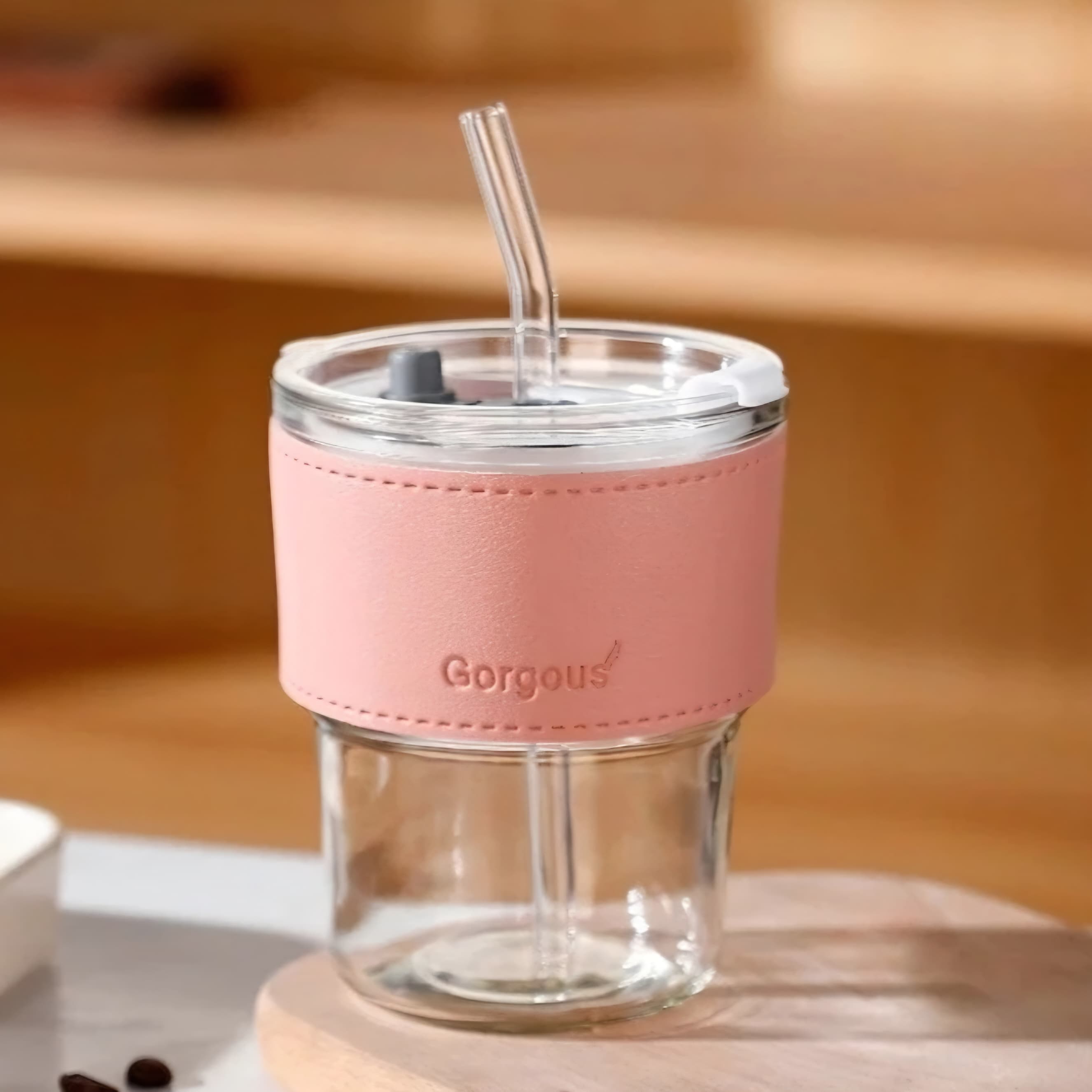 Glass Straw Cup with Lid Heat Cold Resistant