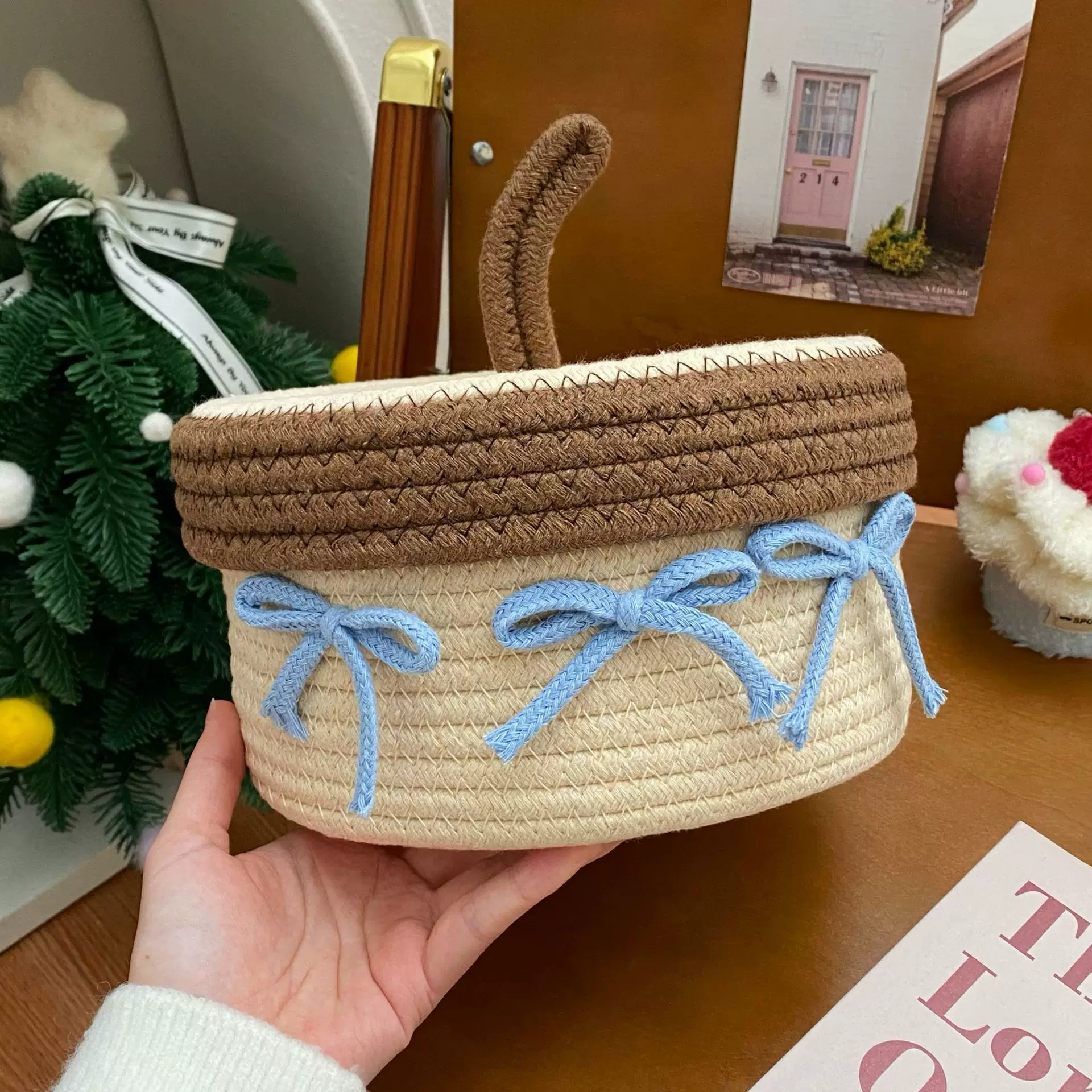 Woven Cotton Storage Basket with Ribbon