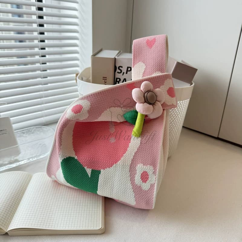 Sweet Floral Knitted Wristlet Bag