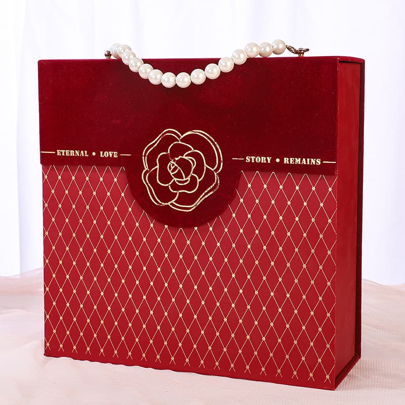 Red Camellia Gift Box with Pearl Chain