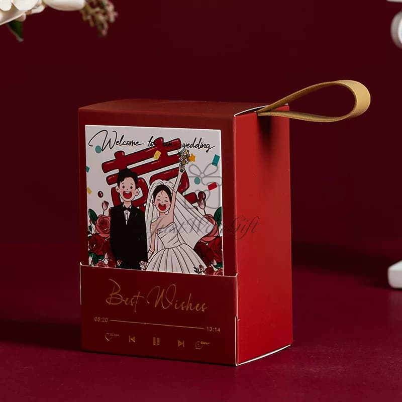 Cartoon Bride & Groom Wedding Favor Box with Music Controls Design